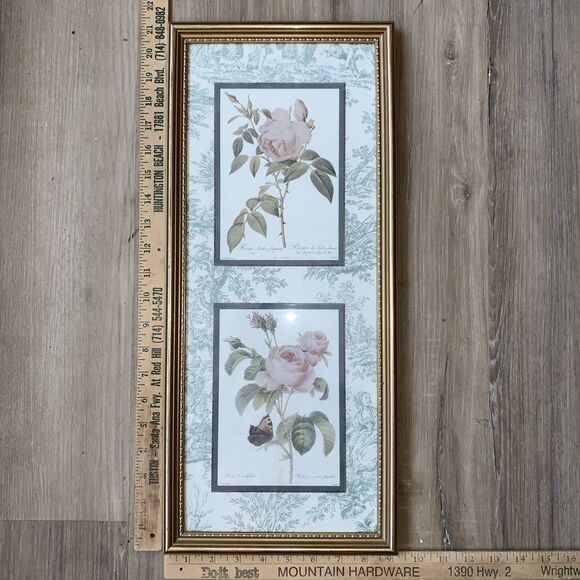 Framed Redouté Dual Still Watercolor Rose Artwork Print - Width 9” x Height 21” - Picture 1 of 6